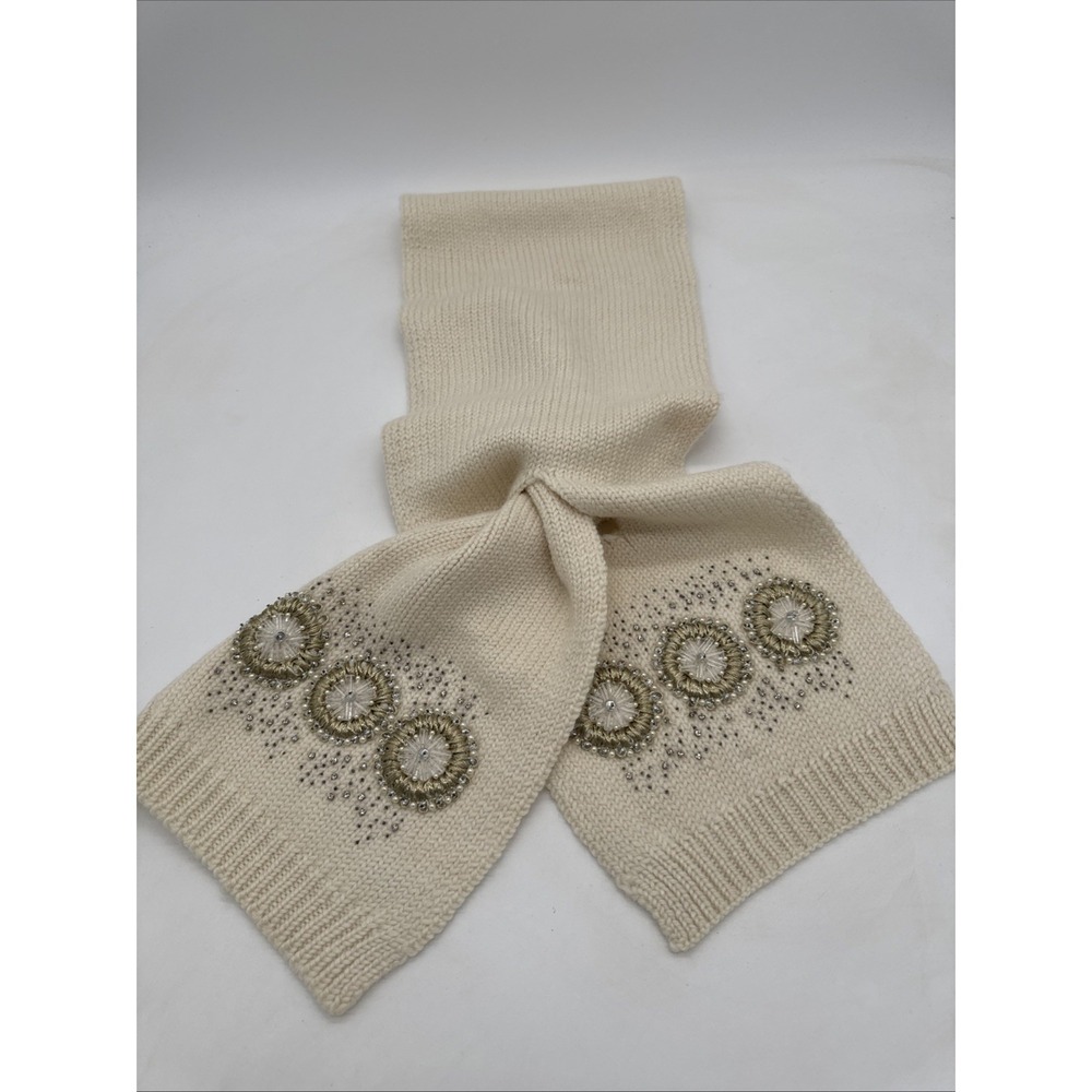 Talbots Women's Beaded‎ Scarf Brown Gorgeous Beads Ivory 53" X 9"